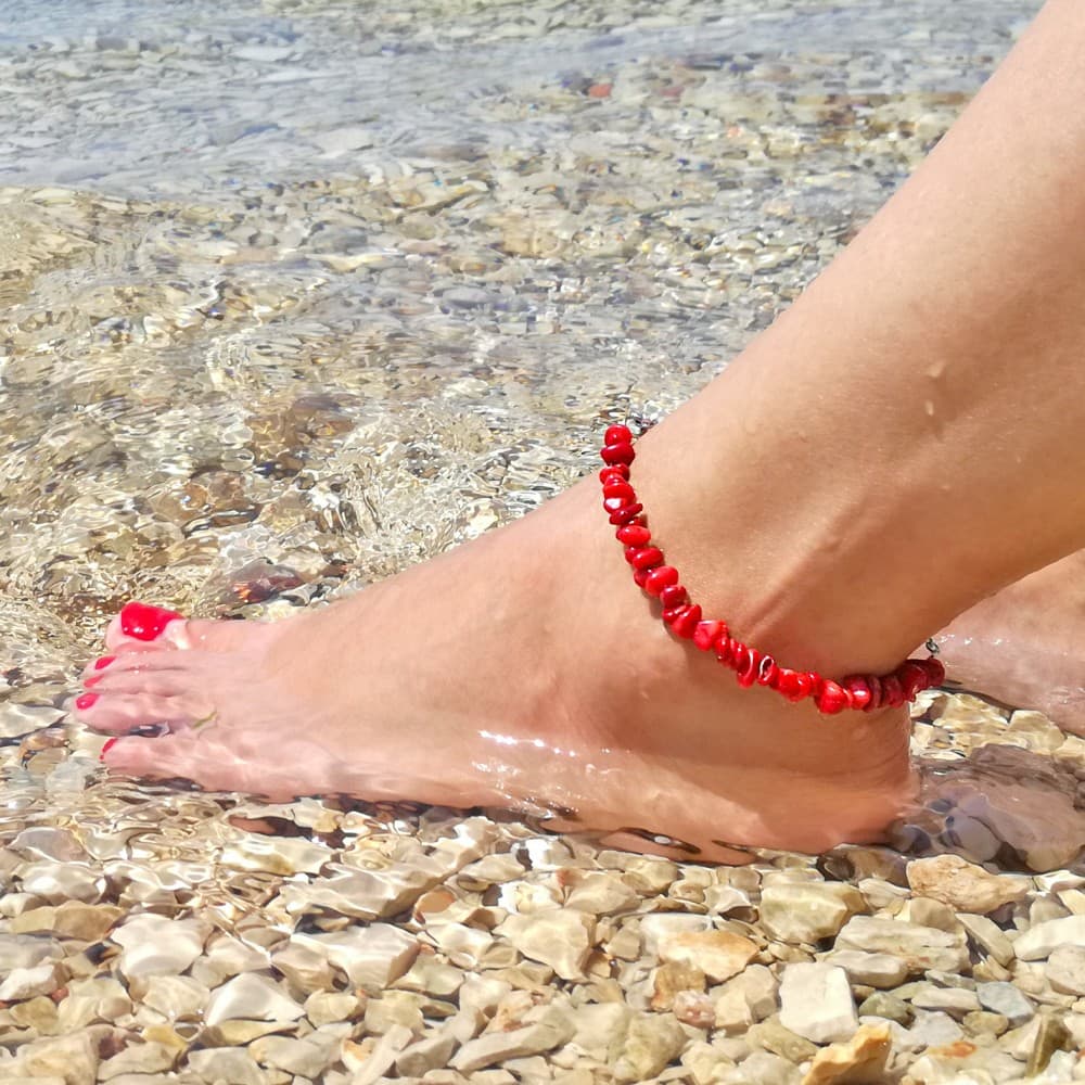 nakit,narukvica za nogu,crveni koralj,ručni rad,crveno